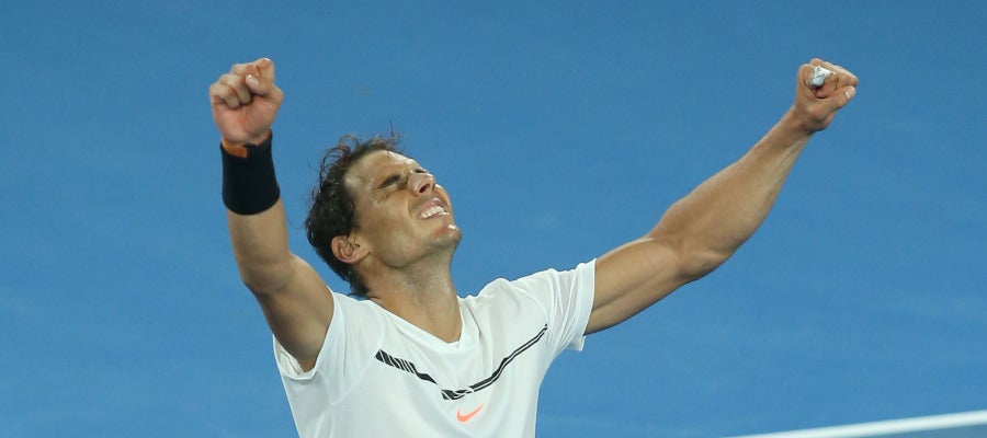 Nadal celebra su victoria ante Dimitrov y su pase a la final del Open de Australia Nadal celebra su victoria ante Dimitrov y su pase a la final del Open de Australia