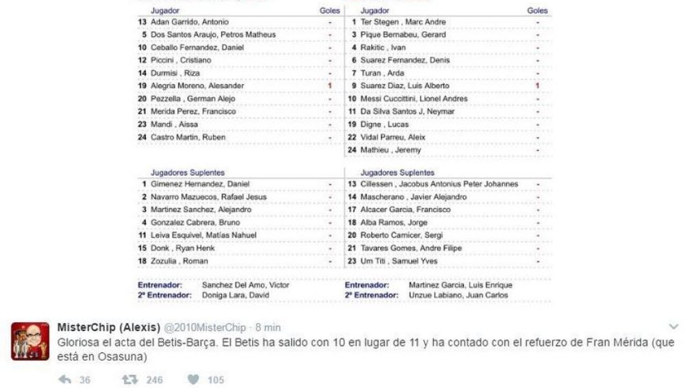 El acta arbitral del Betis-Barça