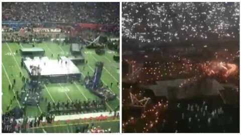 Montaje del escenario durante el descanso de la Super Bowl