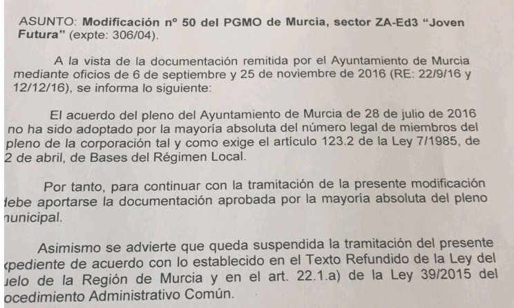 La consejería de Fomento suspende la legalización de Joven Futura y devuelve el expediente al Ayuntamiento de Murcia La consejería de Fomento suspende la legalización de Joven Futura y devuelve el expediente al Ayuntamiento de Murcia