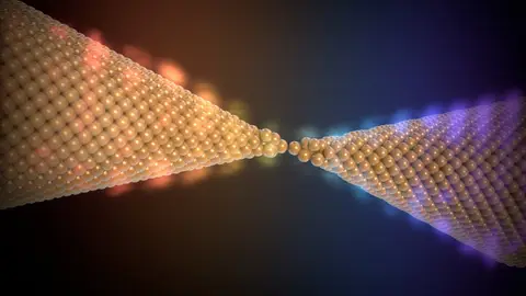Representación artística de la conducción de calor en un contacto metálico de un solo átomo. /Enrique Sahagún, Scixel Representación artística de la conducción de calor en un contacto metálico de un solo átomo. /Enrique Sahagún, Scixel