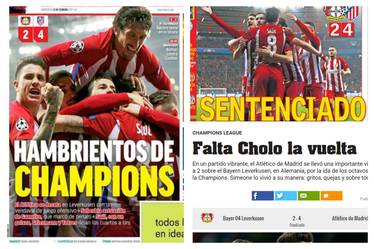La prensa mundial se deshace en elogios hacia el Atlético de Madrid por su partido en Leverkusen La prensa mundial se deshace en elogios hacia el Atlético de Madrid por su partido en Leverkusen
