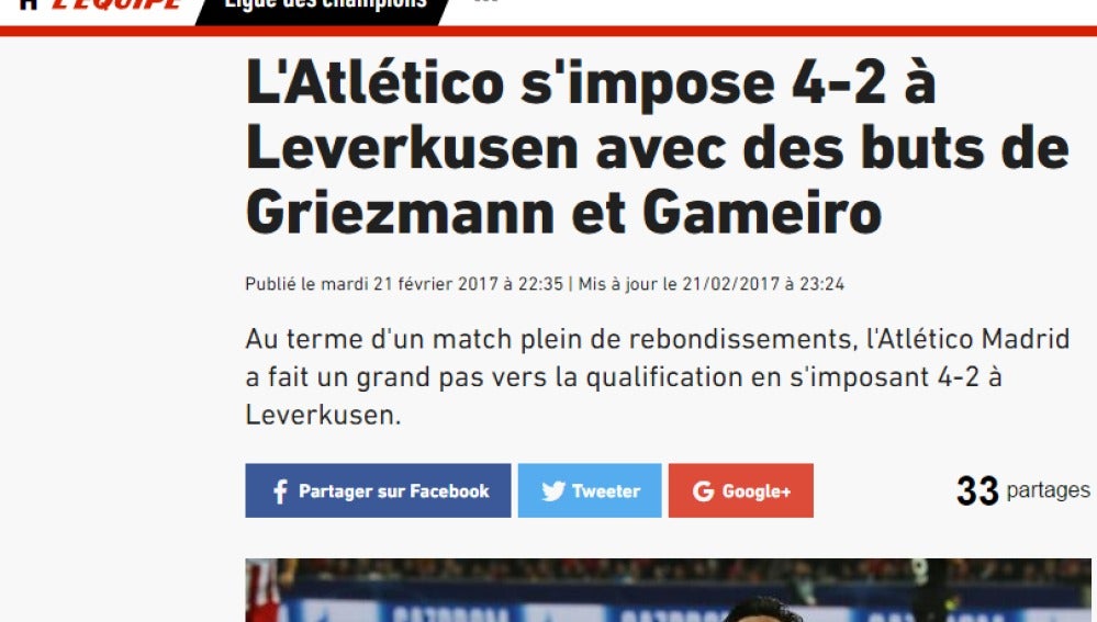 La crónica de 'L'Equipe' tras la victoria del Atlético de Madrid sobre el Bayer