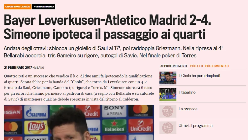 La crónica del Bayer-Atlético de la 'Gazzetta dello Sport' La crónica del Bayer-Atlético de la 'Gazzetta dello Sport'