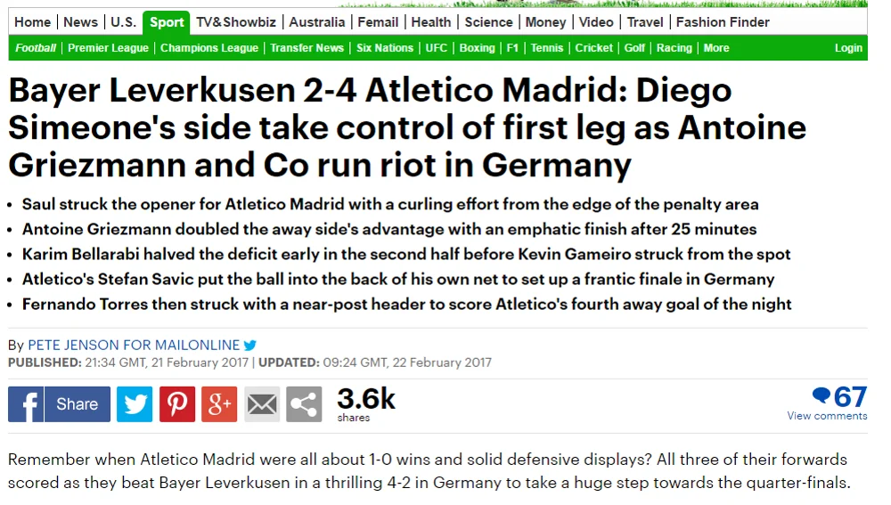 La crónica del Daily Mail sobre el Bayer-Atlético La crónica del Daily Mail sobre el Bayer-Atlético