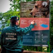 Dos agentes del Seprona de la Guardia Civil observan un cartel sobre el oso pardo