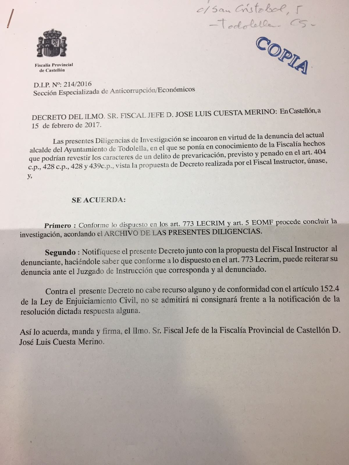 Fiscalía archiva la denuncia del PSPV contra el exalcalde de Todolella del PP por presunta prevaricación Fiscalía archiva la denuncia del PSPV contra el exalcalde de Todolella del PP por presunta prevaricación