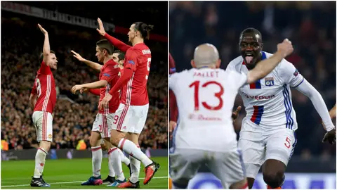 El Manchester United y el Olympique de Lyon celebrando un gol El Manchester United y el Olympique de Lyon celebrando un gol