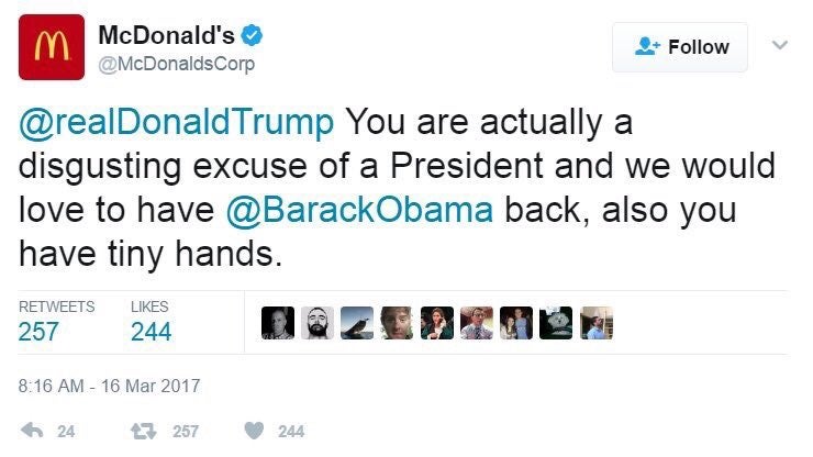 McDonald's critica a Trump a través de Twitter: "Eres un presidente repugnante, queremos a Obama de vuelta" McDonald's critica a Trump a través de Twitter: "Eres un presidente repugnante, queremos a Obama de vuelta"