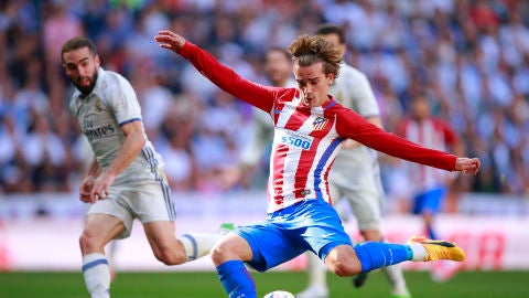 Griezmann, en un lanzamiento en el derbi