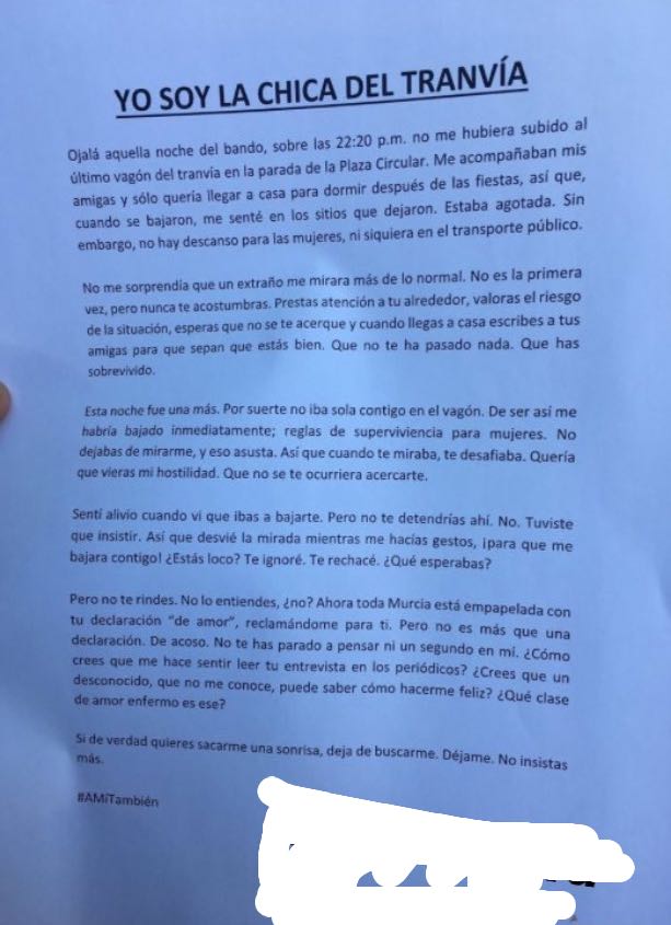 La famosa 'chica del tranvía' de Murcia responde a la carta: "Te ignoré. Te rechacé. ¿Qué esperabas?" La famosa 'chica del tranvía' de Murcia responde a la carta: "Te ignoré. Te rechacé. ¿Qué esperabas?"