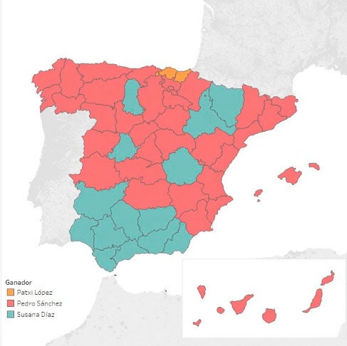 Pedro Sánchez gana en todas las Comunidades salvo en Andalucía, donde gana Díaz, y en Euskadi, de Patxi López Pedro Sánchez gana en todas las Comunidades salvo en Andalucía, donde gana Díaz, y en Euskadi, de Patxi López
