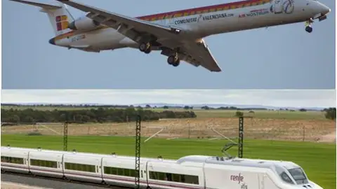 Fotografía de un tren de alta velocidad y un avión. Fuente: Elaboración propia. Imágenes tomadas de pixabay.com y Renfe.com Fotografía de un tren de alta velocidad y un avión. Fuente: Elaboración propia. Imágenes tomadas de pixabay.com y Renfe.com