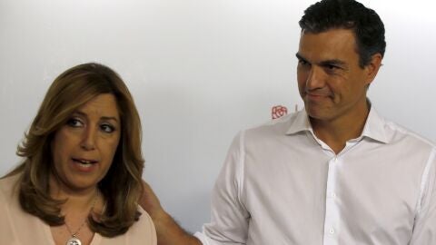 Susana D&iacute;az y Pedro S&aacute;nchez tras las primarias del PSOE
