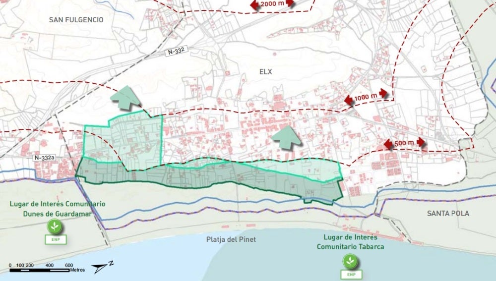 La zona verde corresponde a los sectores urbanísticos de La Marina afectados por el PATIVEL. 