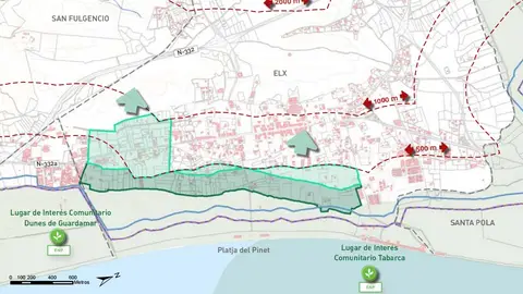 La zona verde corresponde a los sectores urbanísticos de La Marina afectados por el PATIVEL. PATIVEL
