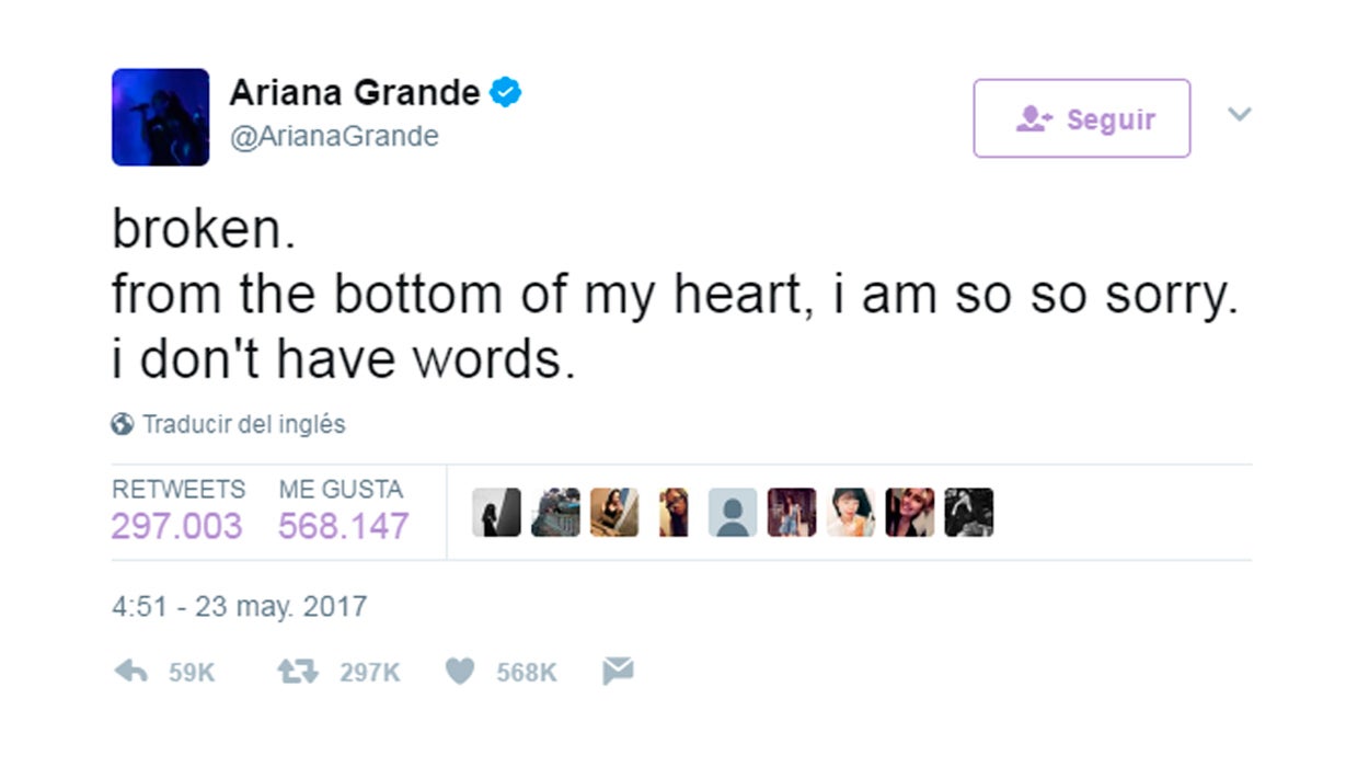 La cantante Ariana Grande dice estar "destrozada" tras la explosión en el Manchester Arena La cantante Ariana Grande dice estar "destrozada" tras la explosión en el Manchester Arena