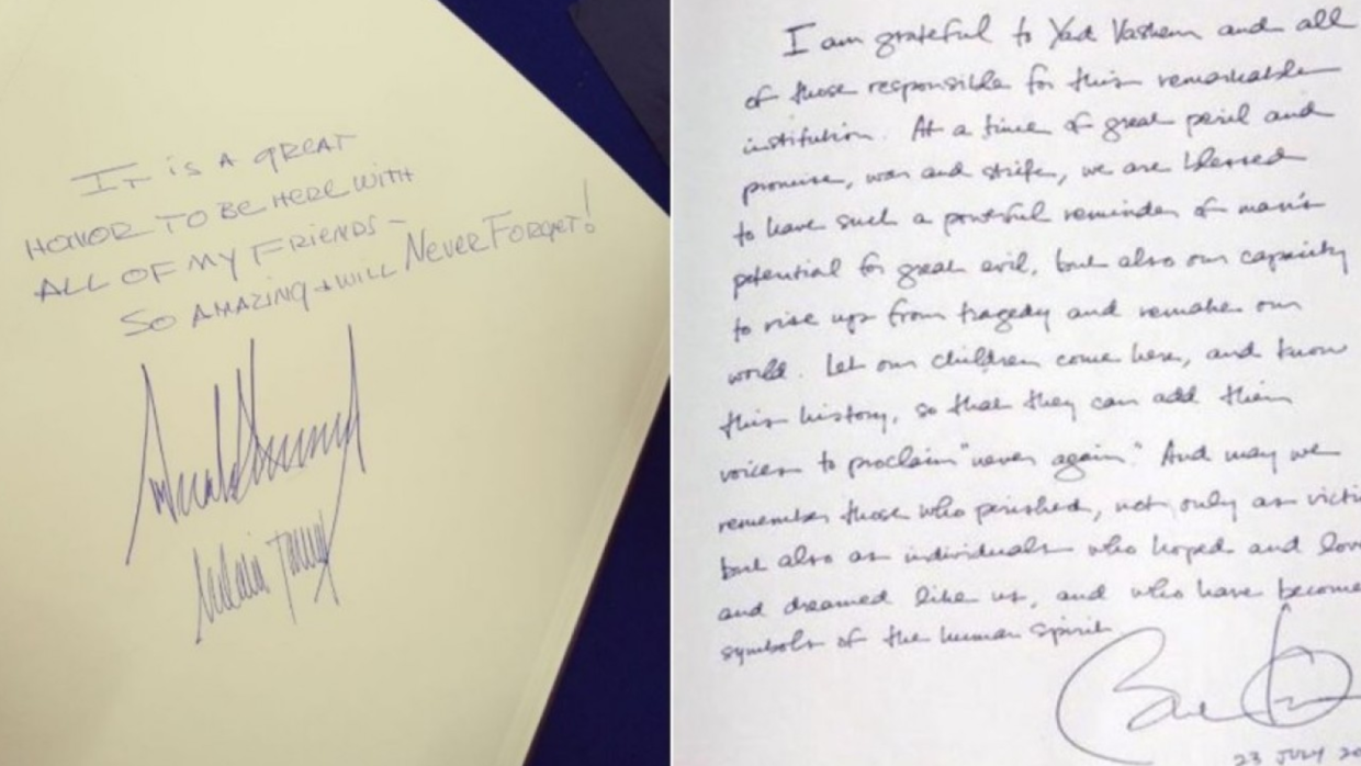 El llamativo contraste entre los mensajes de Obama y Trump en el libro de firmas en el monumento Holocausto de Israel El llamativo contraste entre los mensajes de Obama y Trump en el libro de firmas en el monumento Holocausto de Israel