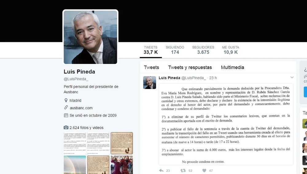 Pantallazo de la cuenta de Twitter de Luis Pineda, presidente de Ausbanc