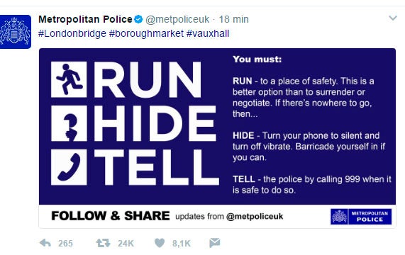 La Policía de Londres pide a la población en la zona que se esconda y aleje La Policía de Londres pide a la población en la zona que se esconda y aleje