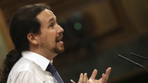 Pablo Iglesias durante su intervenci&oacute;n en el debate sobre la moci&oacute;n de censura contra Mariano Rajoy