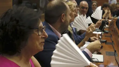 Los diputados del PSOE en la Asamblea de Madrid se abanican ante el consejero de Sanidad, Jesús Sánchez Martos Los diputados del PSOE en la Asamblea de Madrid se abanican ante el consejero de Sanidad, Jesús Sánchez Martos
