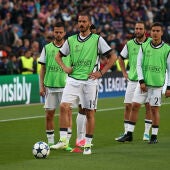 Bonucci y Dybala, en un calentamiento de la Juventus