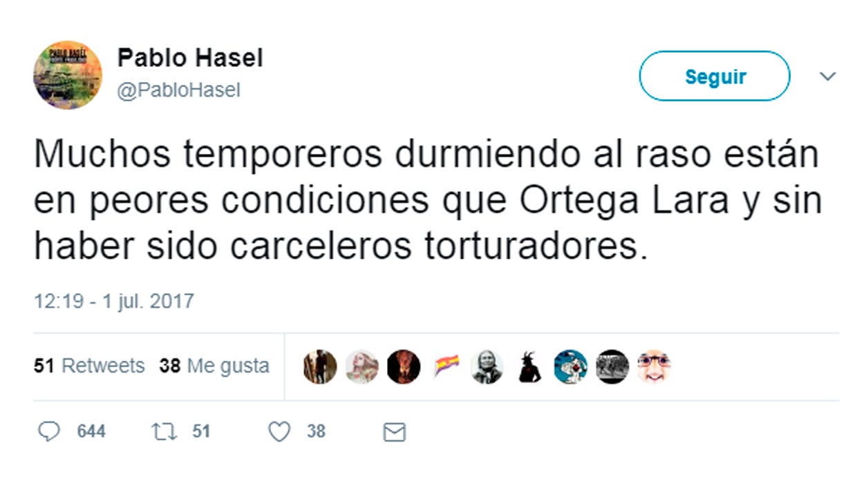 Denuncian polémico tuit de Pablo Hasél en el que comparara el secuestro de Ortega Lara con los temporeros Denuncian polémico tuit de Pablo Hasél en el que comparara el secuestro de Ortega Lara con los temporeros