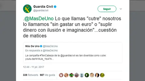 Tuit de la Guardia Civil a Más de uno Tuit de la Guardia Civil a Más de uno