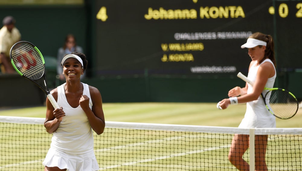 Venus Williams celebra su victoria ante Konta