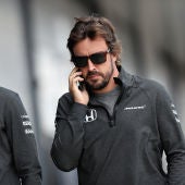 Fernando Alonso habla por teléfono junto a Stoffel Vandoorne