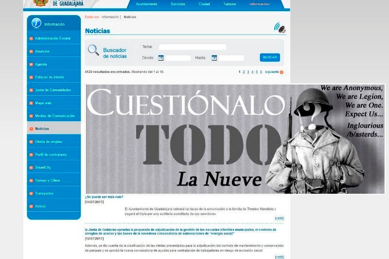 Anonymous hackea la web del Ayuntamiento de Guadalajara por cobrar la exhumación de Mendieta Anonymous hackea la web del Ayuntamiento de Guadalajara por cobrar la exhumación de Mendieta