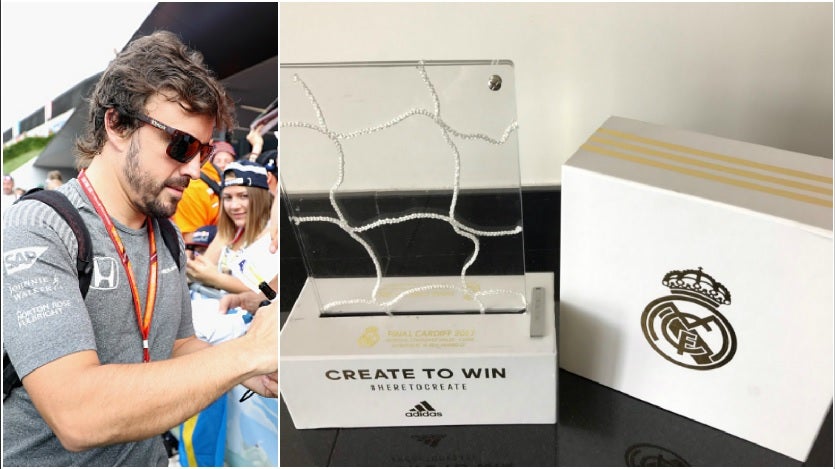 El Real Madrid obsequia a Fernando Alonso con un trozo de red del Millennium Stadium de Cardiff El Real Madrid obsequia a Fernando Alonso con un trozo de red del Millennium Stadium de Cardiff