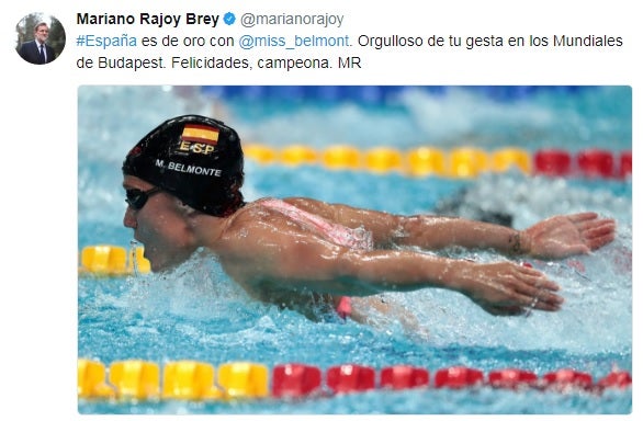Mariano Rajoy felicita "orgulloso" a Mireia Belmonte por su "gesta" en Budapest Mariano Rajoy felicita "orgulloso" a Mireia Belmonte por su "gesta" en Budapest