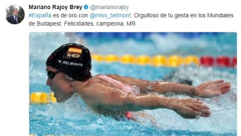 Mariano Rajoy felicita a Mireia Belmonte en Twitter