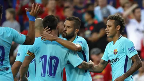 Los jugadores del Barcelona celebran el gol de Neymar ante el Manchester United Los jugadores del Barcelona celebran el gol de Neymar ante el Manchester United