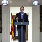 El presidente del Gobierno, Mariano Rajoy, durante su comparecencia en Moncloa