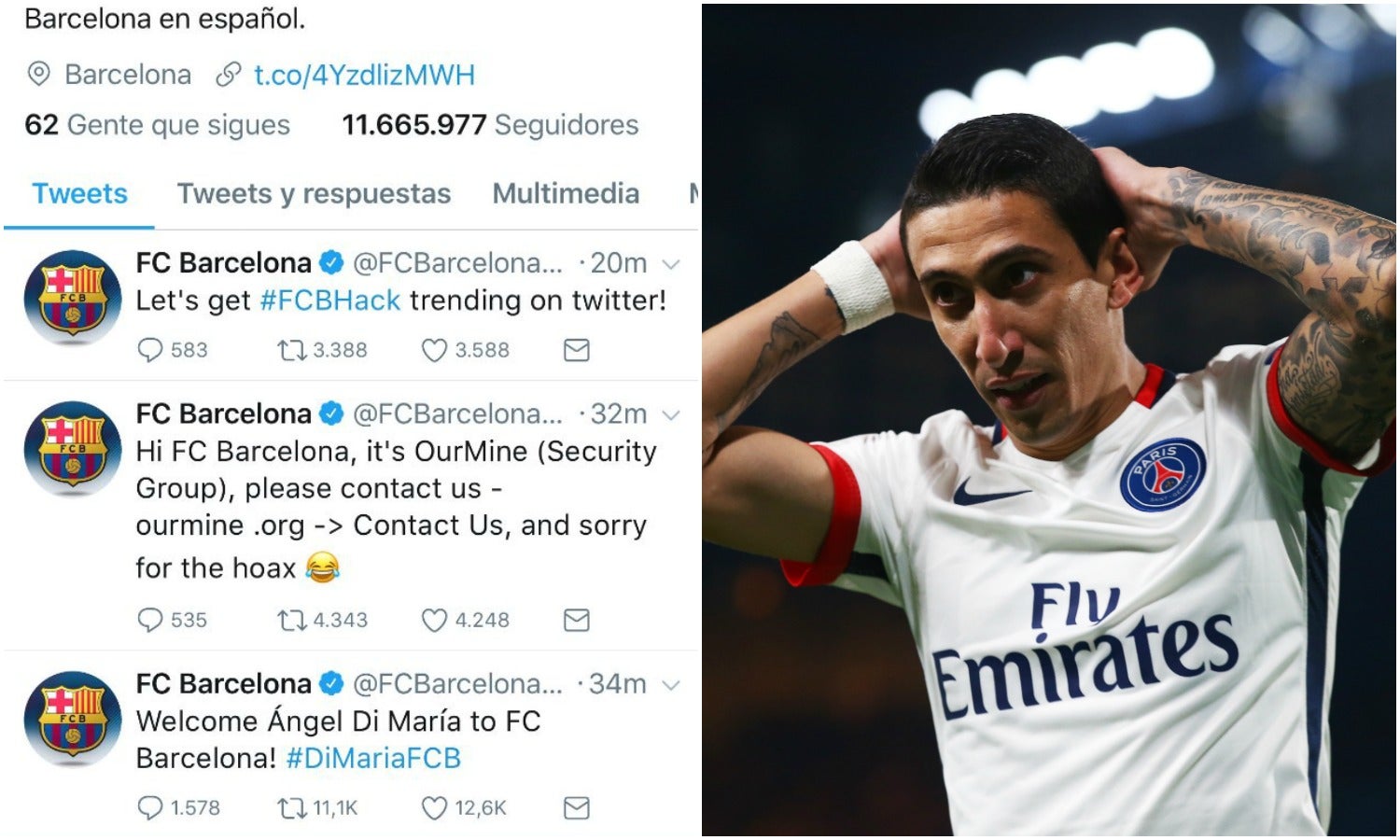 Hackean la cuenta de Twitter del Barça anunciando el fichaje de Di María... y las redes se llenan de 'memes' Hackean la cuenta de Twitter del Barça anunciando el fichaje de Di María... y las redes se llenan de 'memes'
