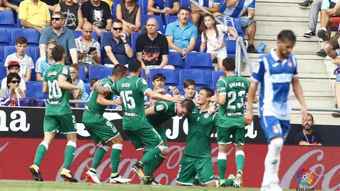 Los jugadores del Leganés celebran el gol de Mantovani contra el Espanyol Los jugadores del Leganés celebran el gol de Mantovani contra el Espanyol