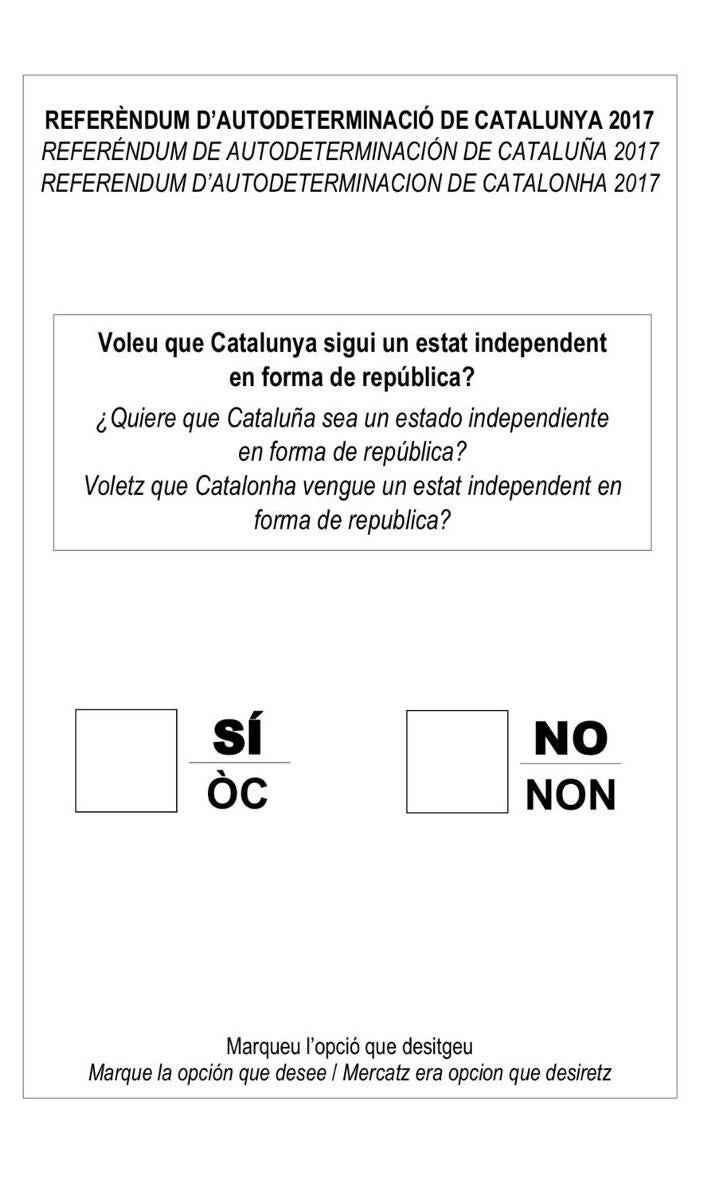 Así será la papeleta para votar en el referéndum del 1-O: "¿Quiere que Cataluña sea un Estado independiente en forma de república?" Así será la papeleta para votar en el referéndum del 1-O: "¿Quiere que Cataluña sea un Estado independiente en forma de república?"