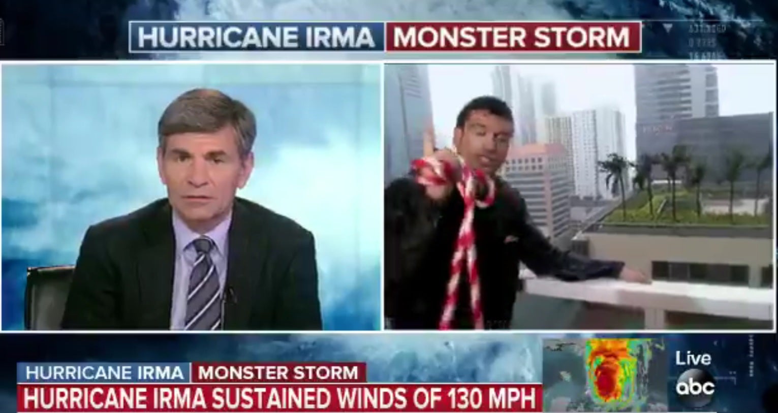 Varios medios estadounidenses atan a sus reporteros para protegerles del huracán Irma Varios medios estadounidenses atan a sus reporteros para protegerles del huracán Irma