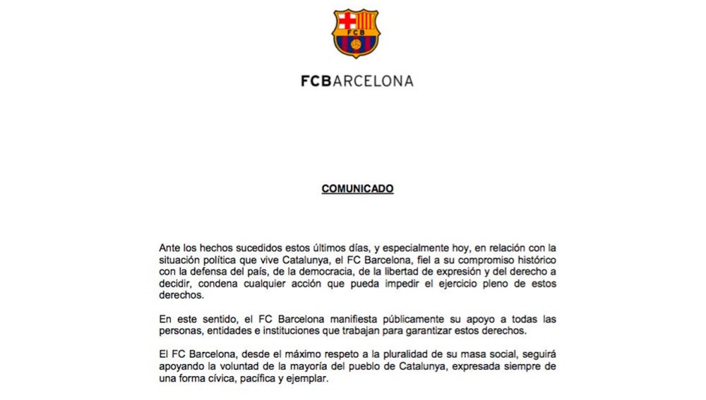 Comunicado del Barcelona F.C. apoyando el referéndum