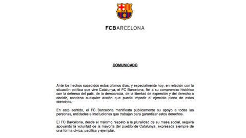 Comunicado del Barcelona F.C. apoyando el refer&eacute;ndum