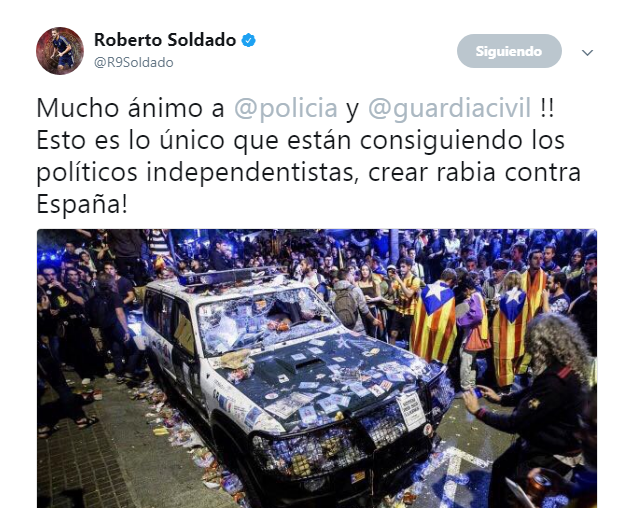 Soldado: "Ánimo a Policía y Guardia Civil, los políticos independentistas crean rabia contra España" Soldado: "Ánimo a Policía y Guardia Civil, los políticos independentistas crean rabia contra España"