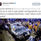 El tuit de Roberto Soldado referido a la situación en Cataluña