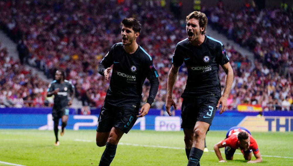Morata celebra el gol del Chelsea en el Metropolitano