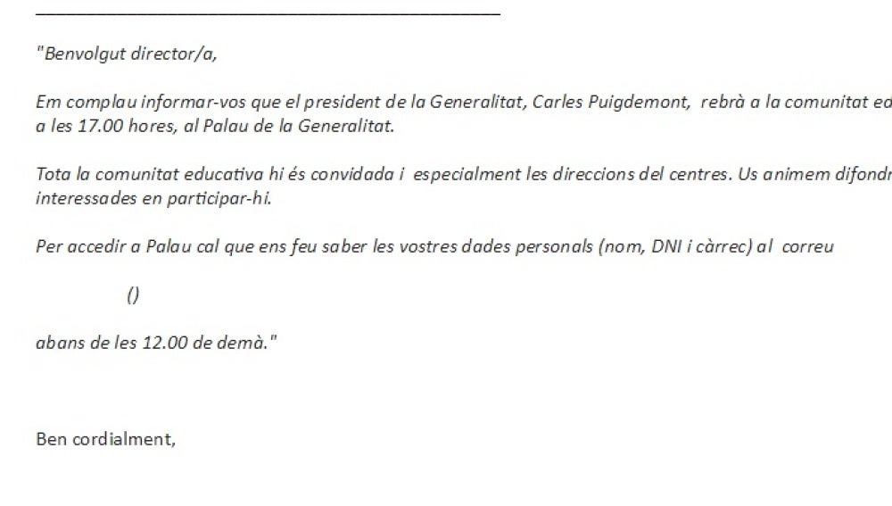 Correo electrónico que el Govern ha enviado al sector educativo para convocarles a un encuentro con Carles Puigdemont de cara al referéndum del 1-O