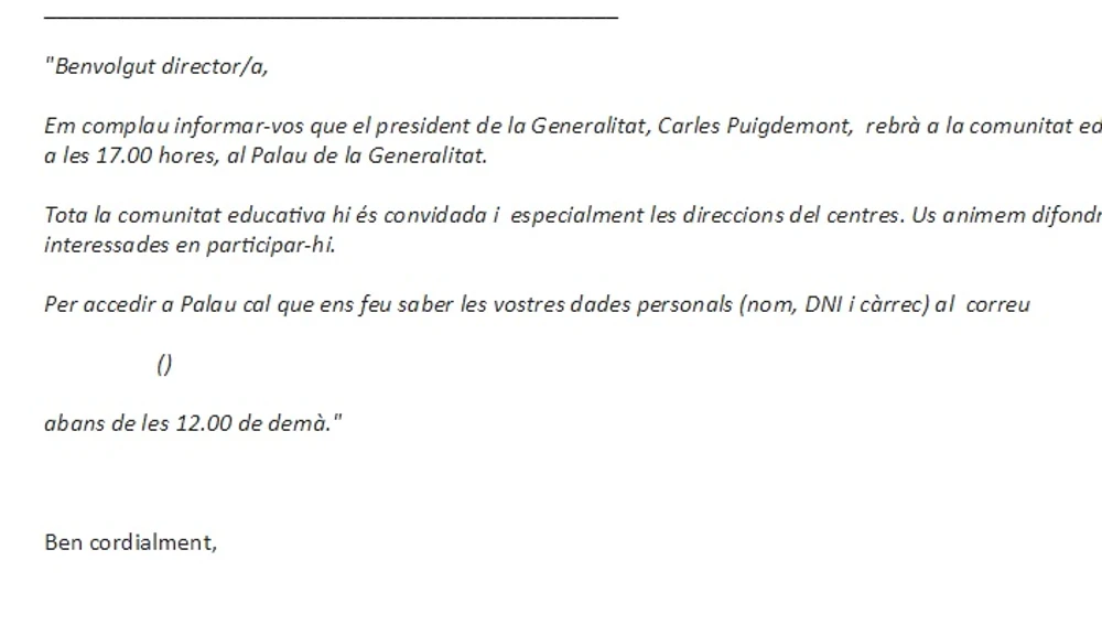 Correo electrónico que el Govern ha enviado al sector educativo para convocarles a un encuentro con Carles Puigdemont de cara al referéndum del 1-O