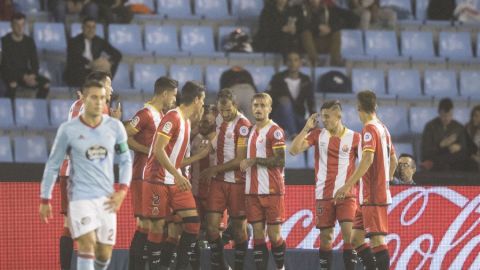 El Girona celebra en grupo uno de los goles contra el Celta