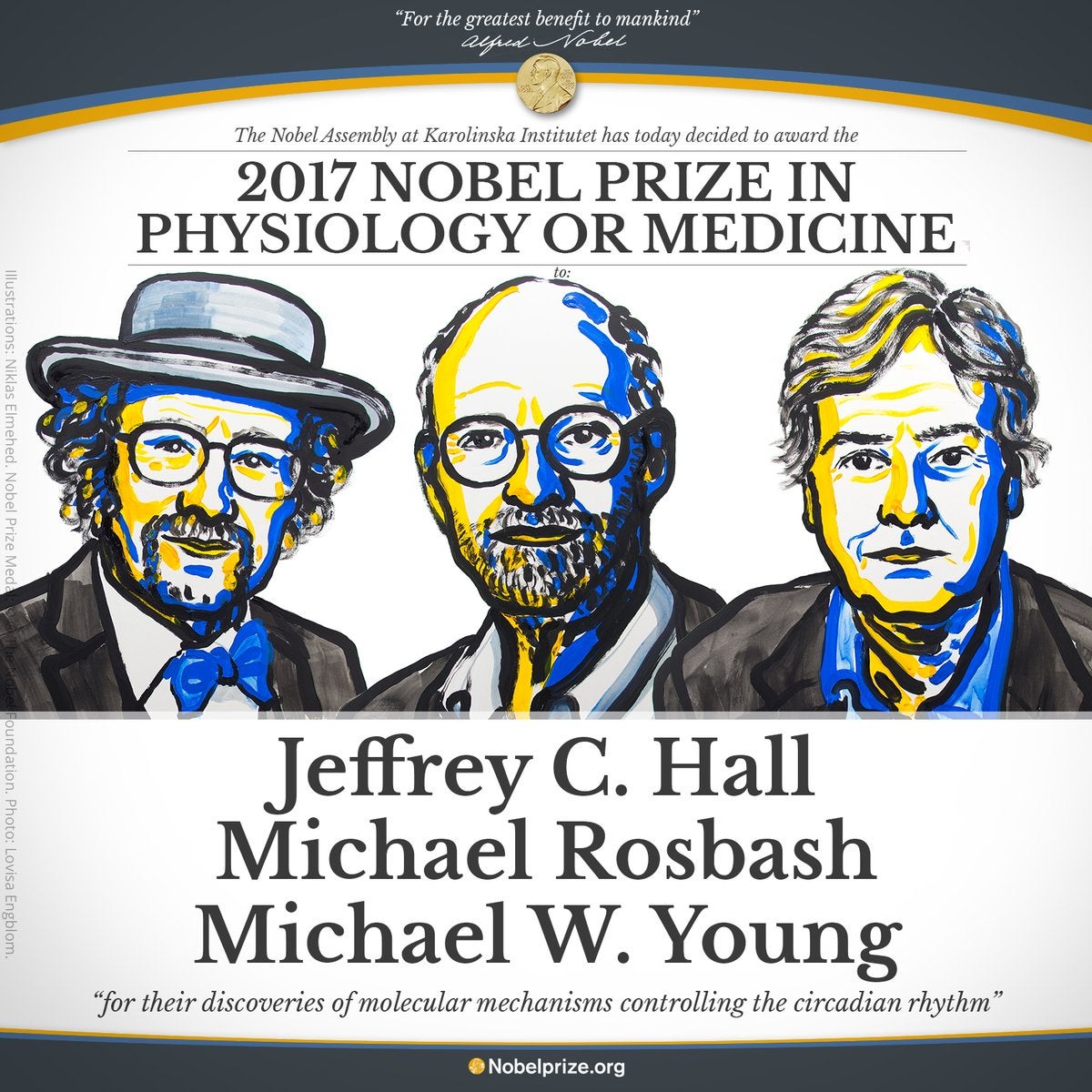 Jeffrey Hall, Michael Rosbash y Michael Young, Premio Nobel de Medicina 2017 por sus estudios sobre el "reloj biológico" Jeffrey Hall, Michael Rosbash y Michael Young, Premio Nobel de Medicina 2017 por sus estudios sobre el "reloj biológico"